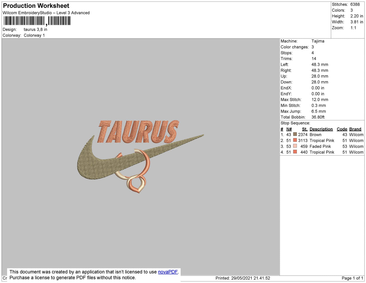 Taurus Swoosh Embroidery File 4 size