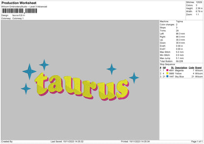 Taurus Text Embroidery File 6 sizes