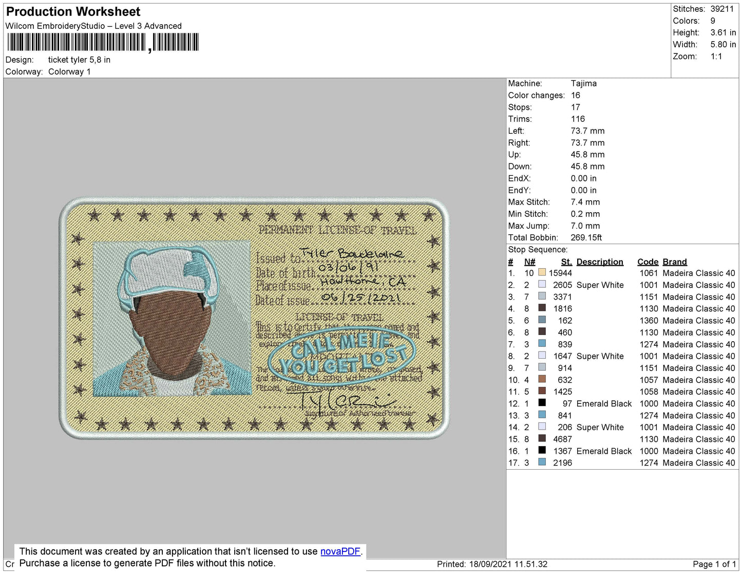 Ticket Tyler Embroidery File 4 size