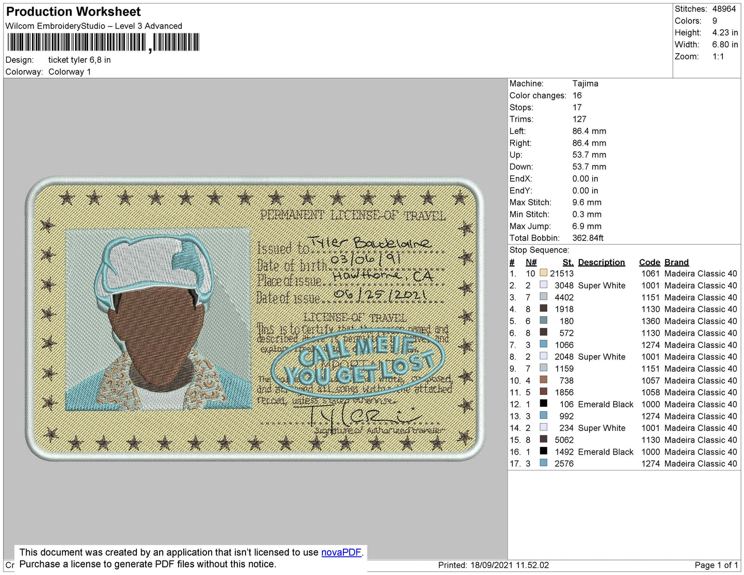 Ticket Tyler Embroidery File 4 size