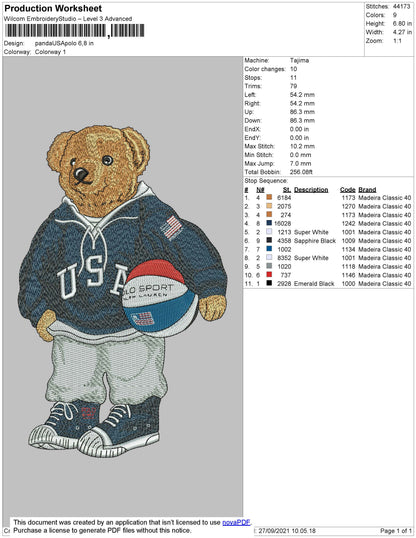 TeddyBear USA Embroidery File 4 Size