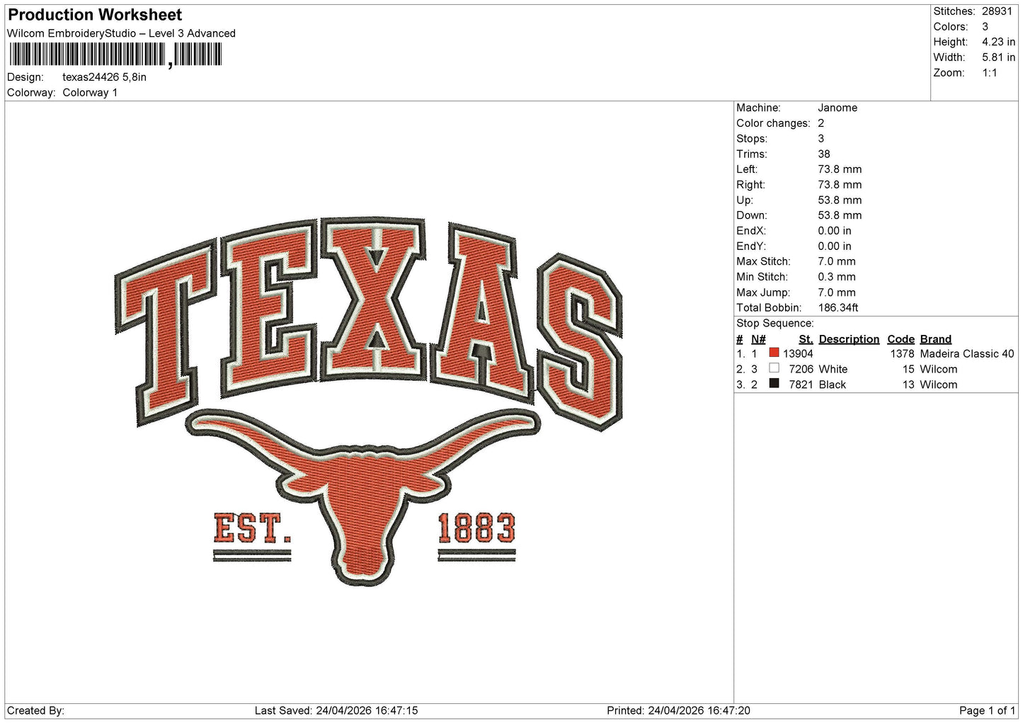 Texas24426 Embroidery File 6 size