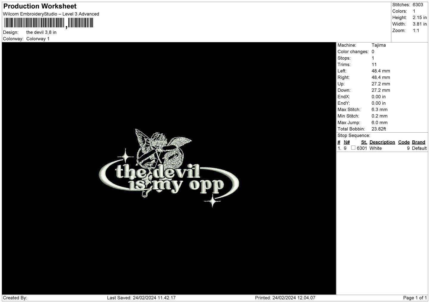 The Devil Embroidery File 6 sizes