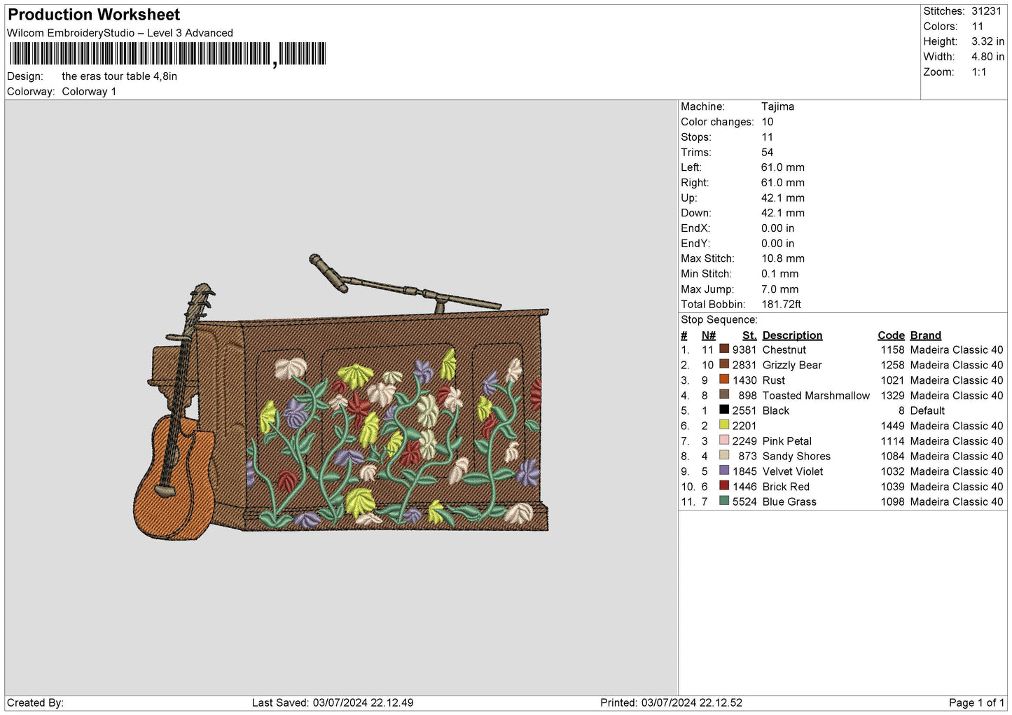 Guitar Table Embroidery File 6 sizes