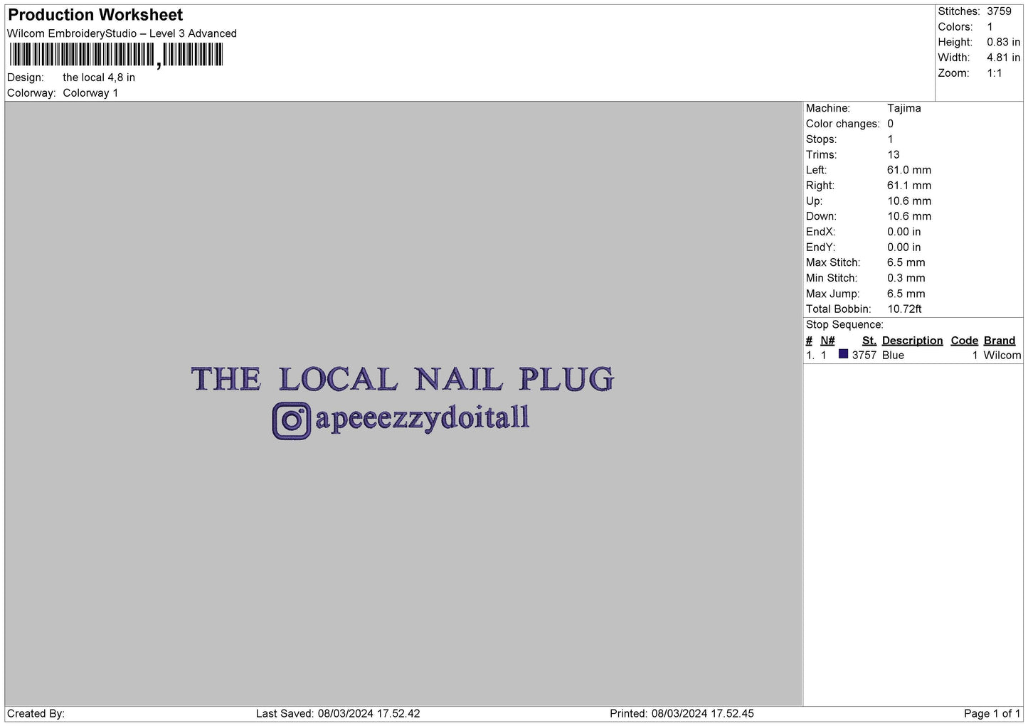 Local Text Embroidery File 6 sizes