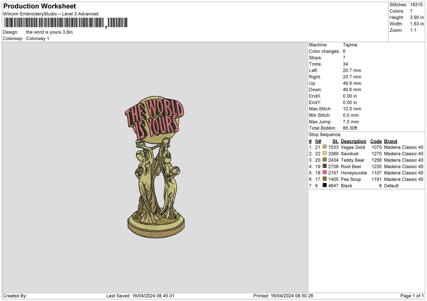 Theworld Embroidery File 6 sizes