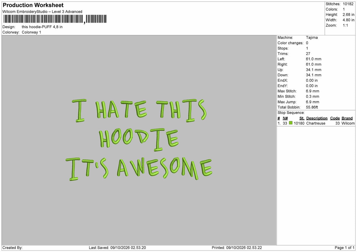 Hoodie Text Puff Embroidery Machine Design File 6 sizes