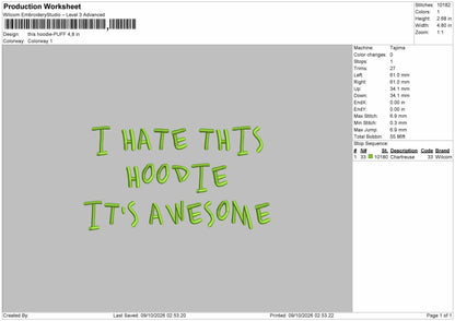 Hoodie Text Puff Embroidery Machine Design File 6 sizes