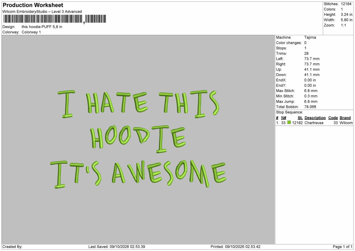 Hoodie Text Puff Embroidery Machine Design File 6 sizes