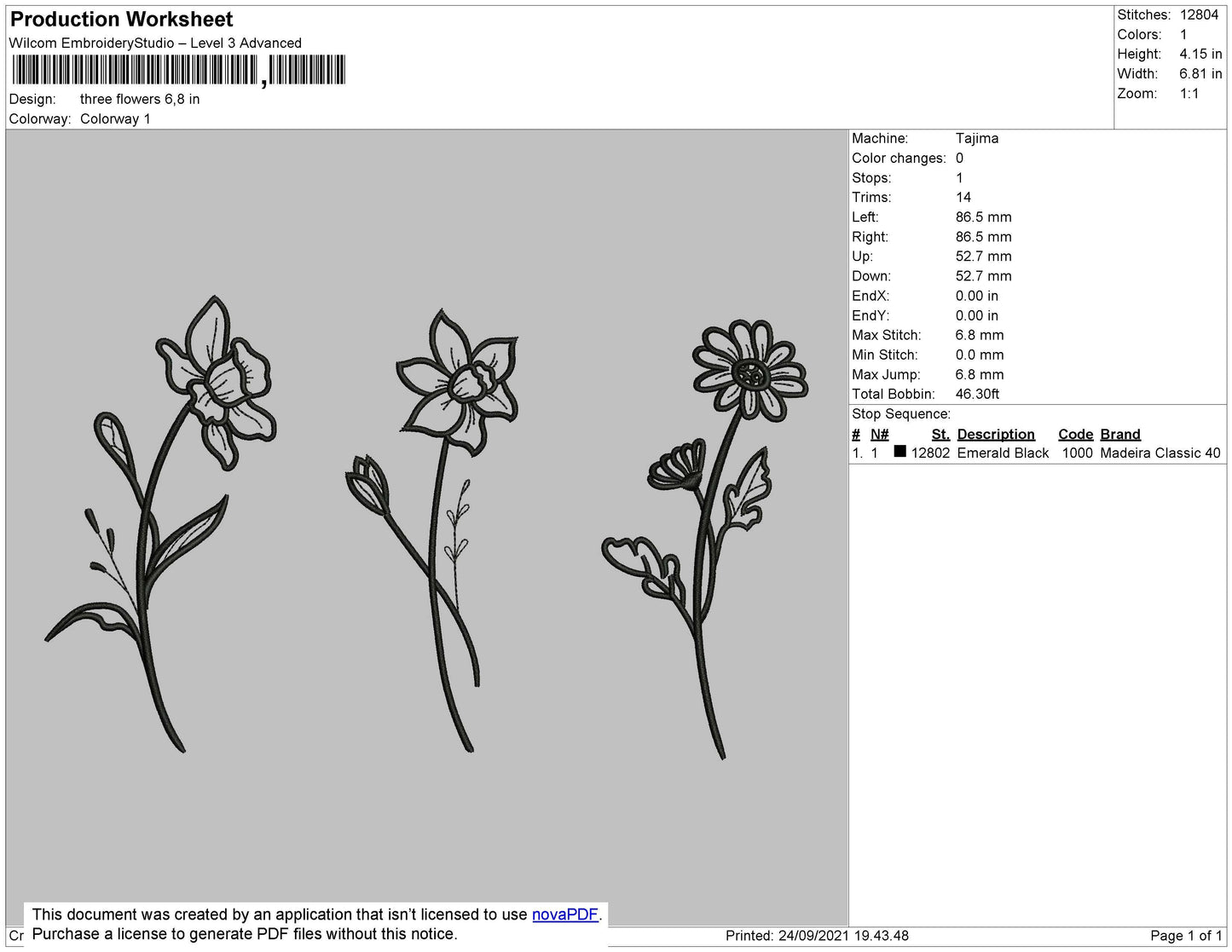 Three Flowers Embroidery File 4 size