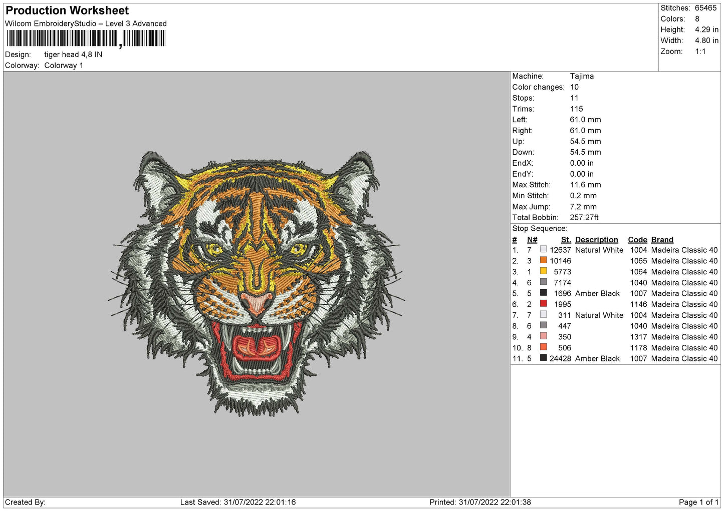 Tiger Head Embroidery File 4 sizes