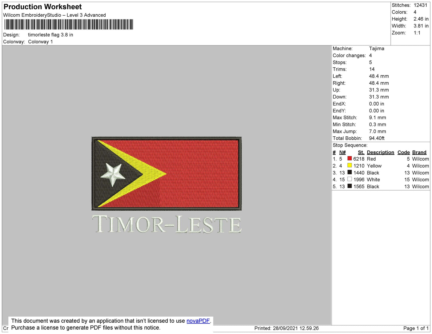 Timorleste Flag Embroidery File 4 size