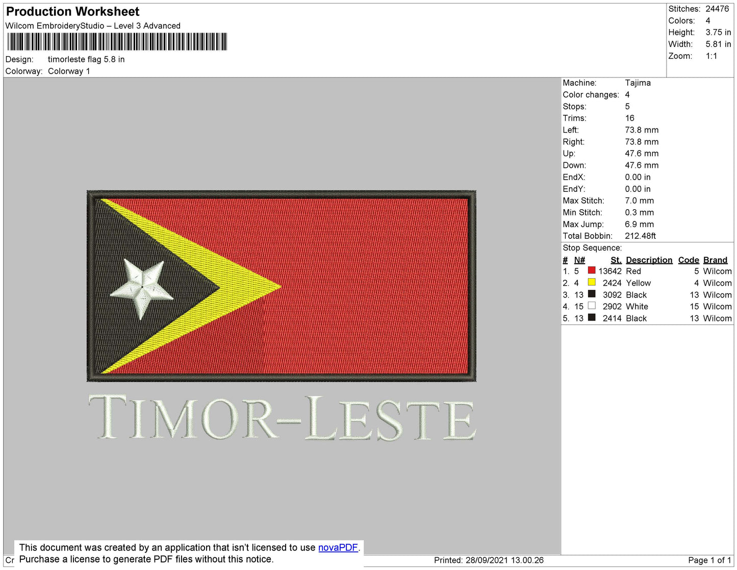 Timorleste Flag Embroidery File 4 size