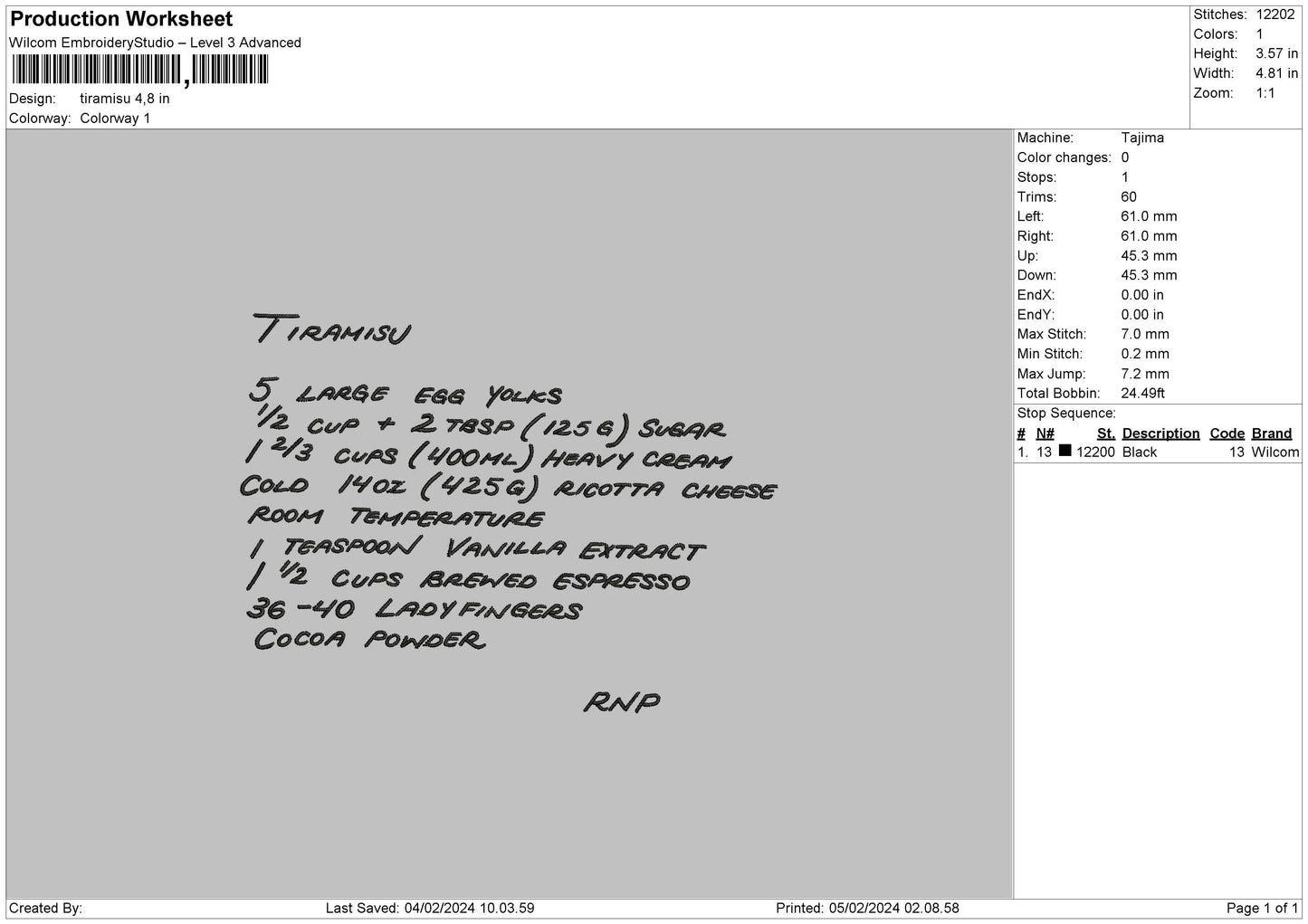 Tiramisu Text Embroidery File 6 sizes