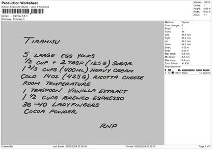 Tiramisu Text Embroidery File 6 sizes