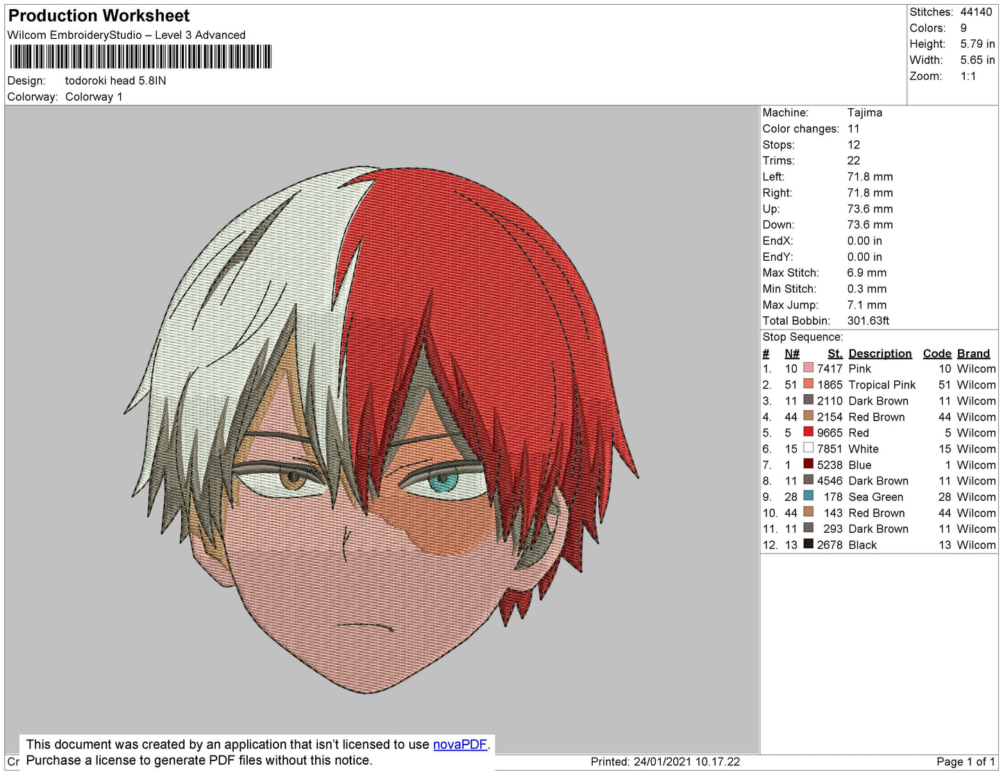 Todoroki Head Embroidry File 5 size