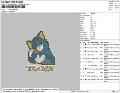 Tom n Jerry Embroidery File 6 size