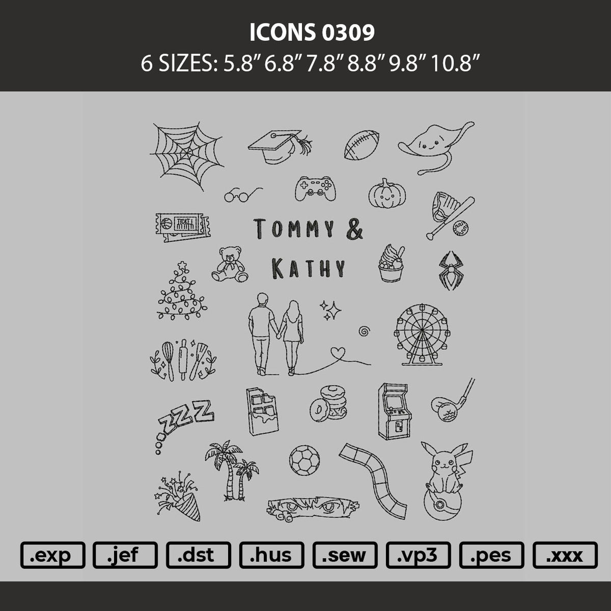 Icons 0309 Embroidery Machine Design File 6 sizes