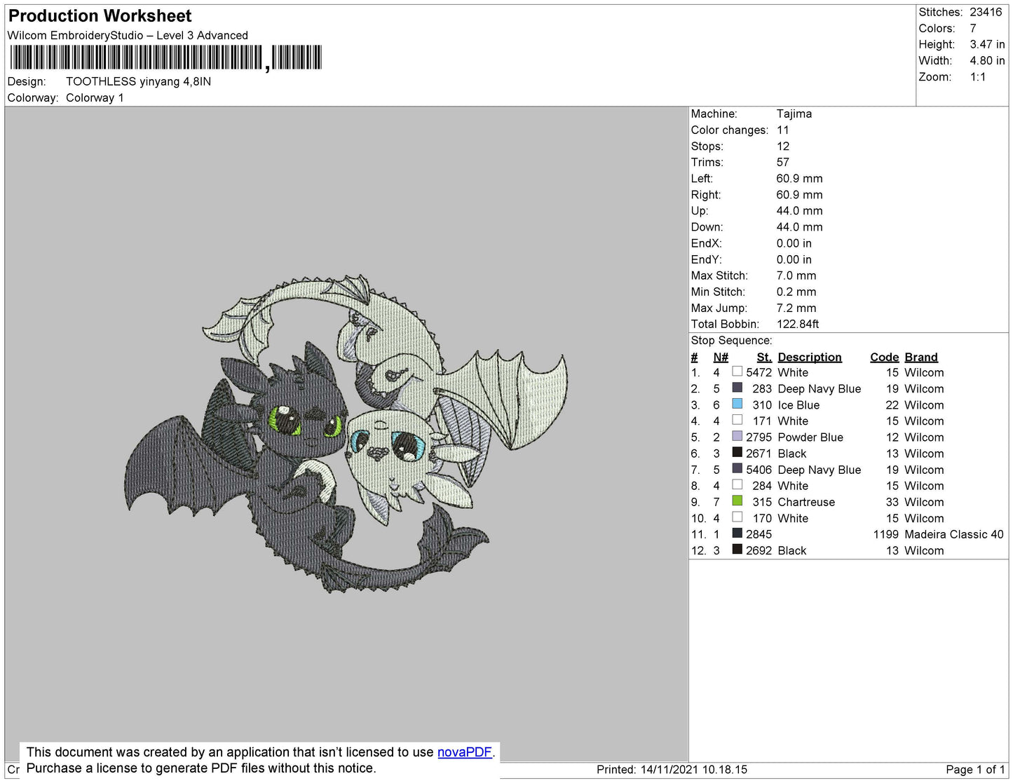 Toothless Yinyang Embroidery File 4 size