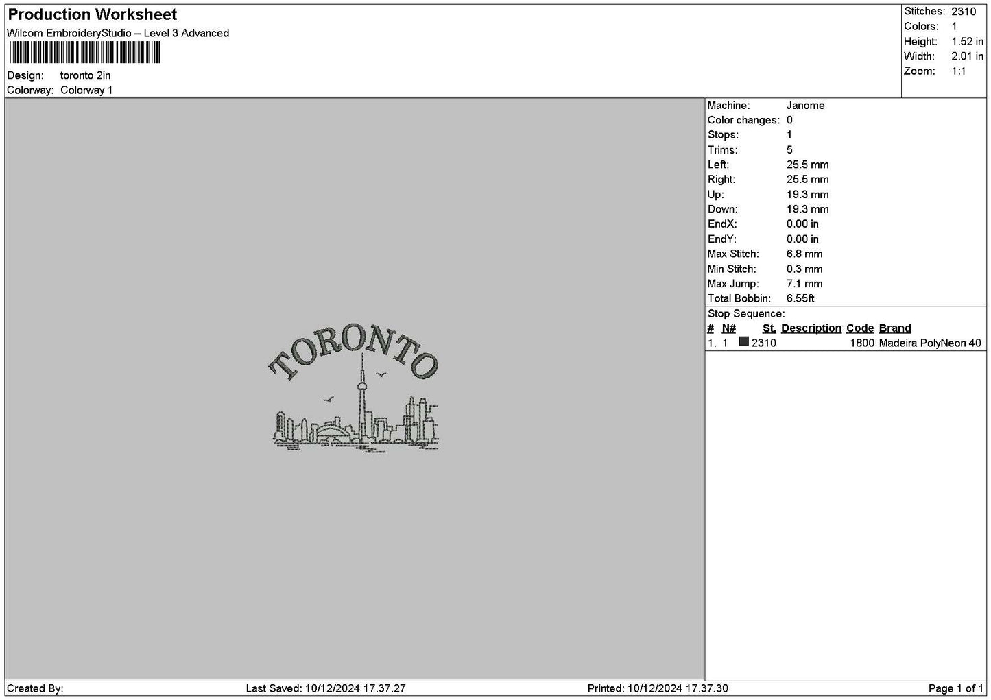 Torontoline Embroidery File 6 sizes
