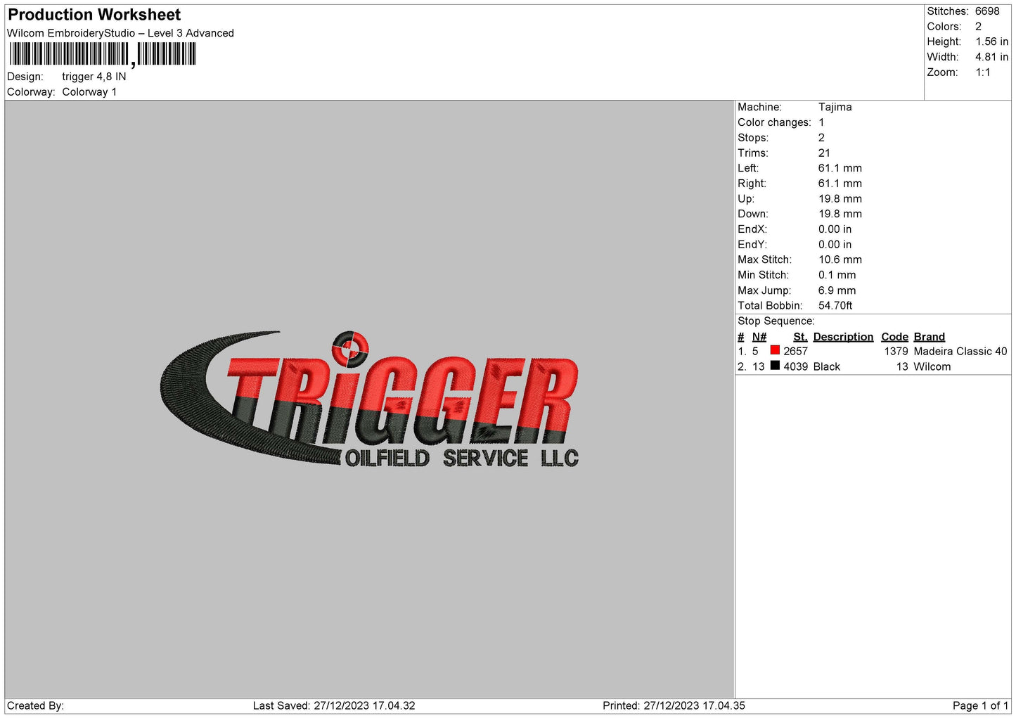 Trigger Embroidery File 6 sizes