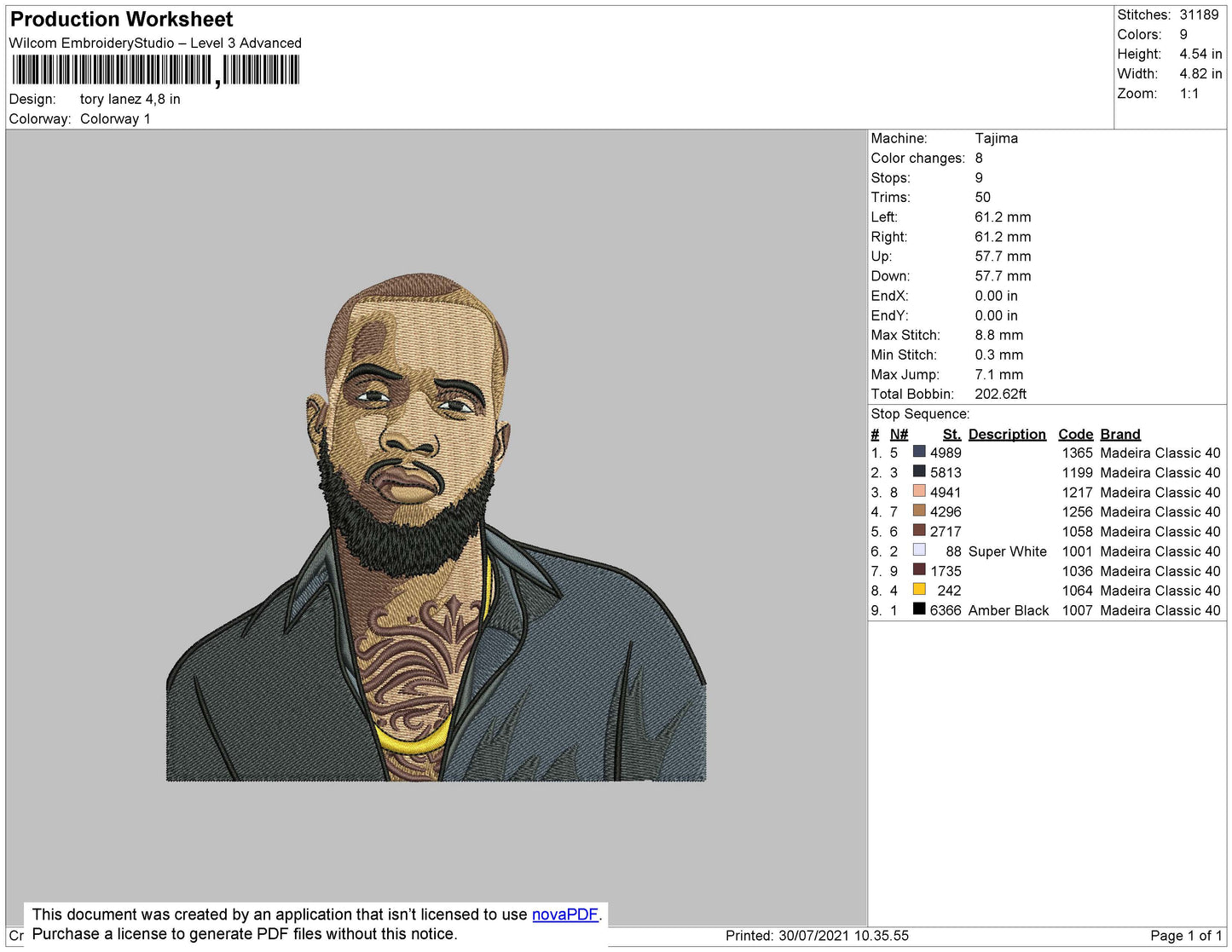 Tory Lanez Embroidery File 4 size