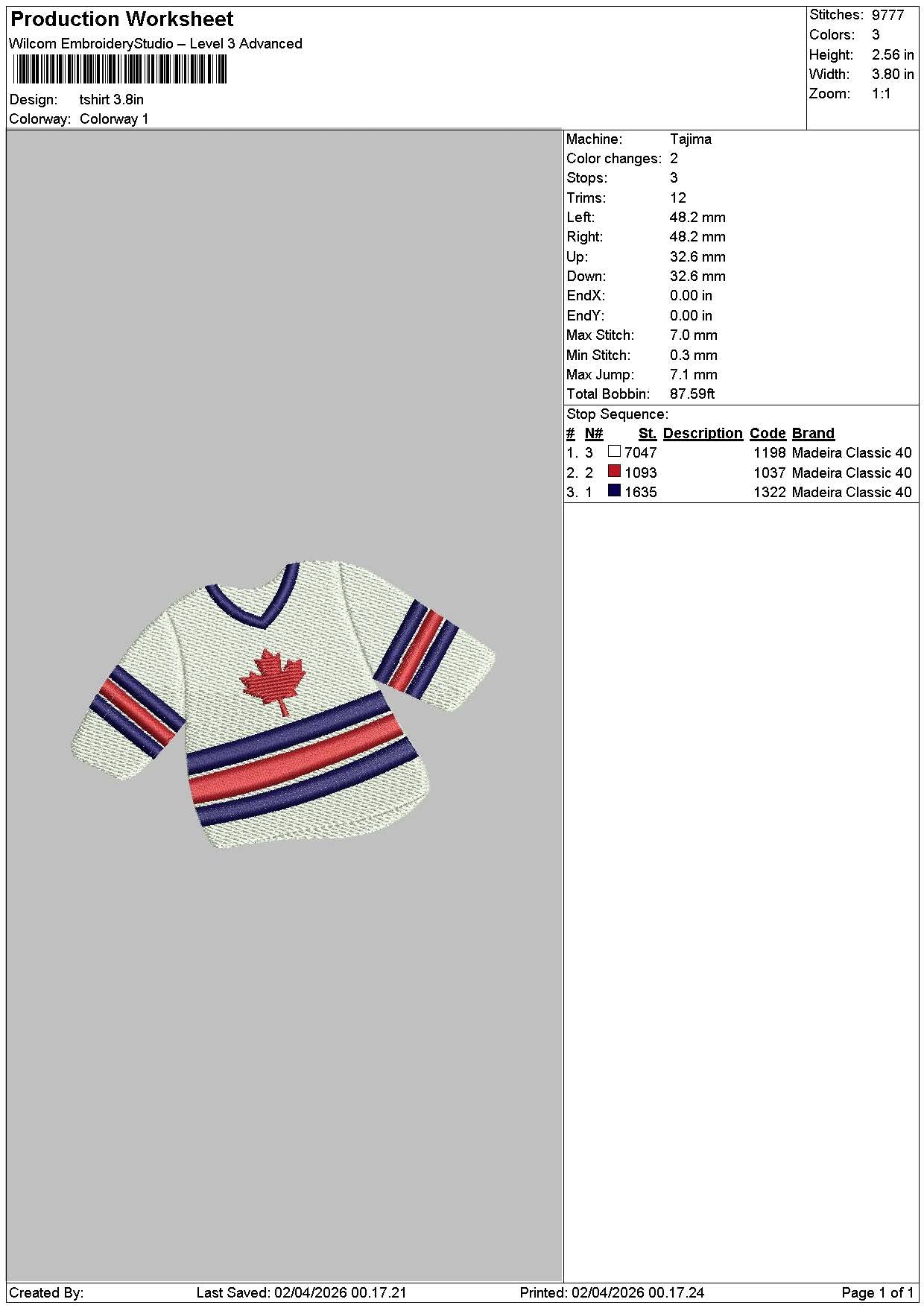 Tshirt 0104 Embroidery File 6 sizes
