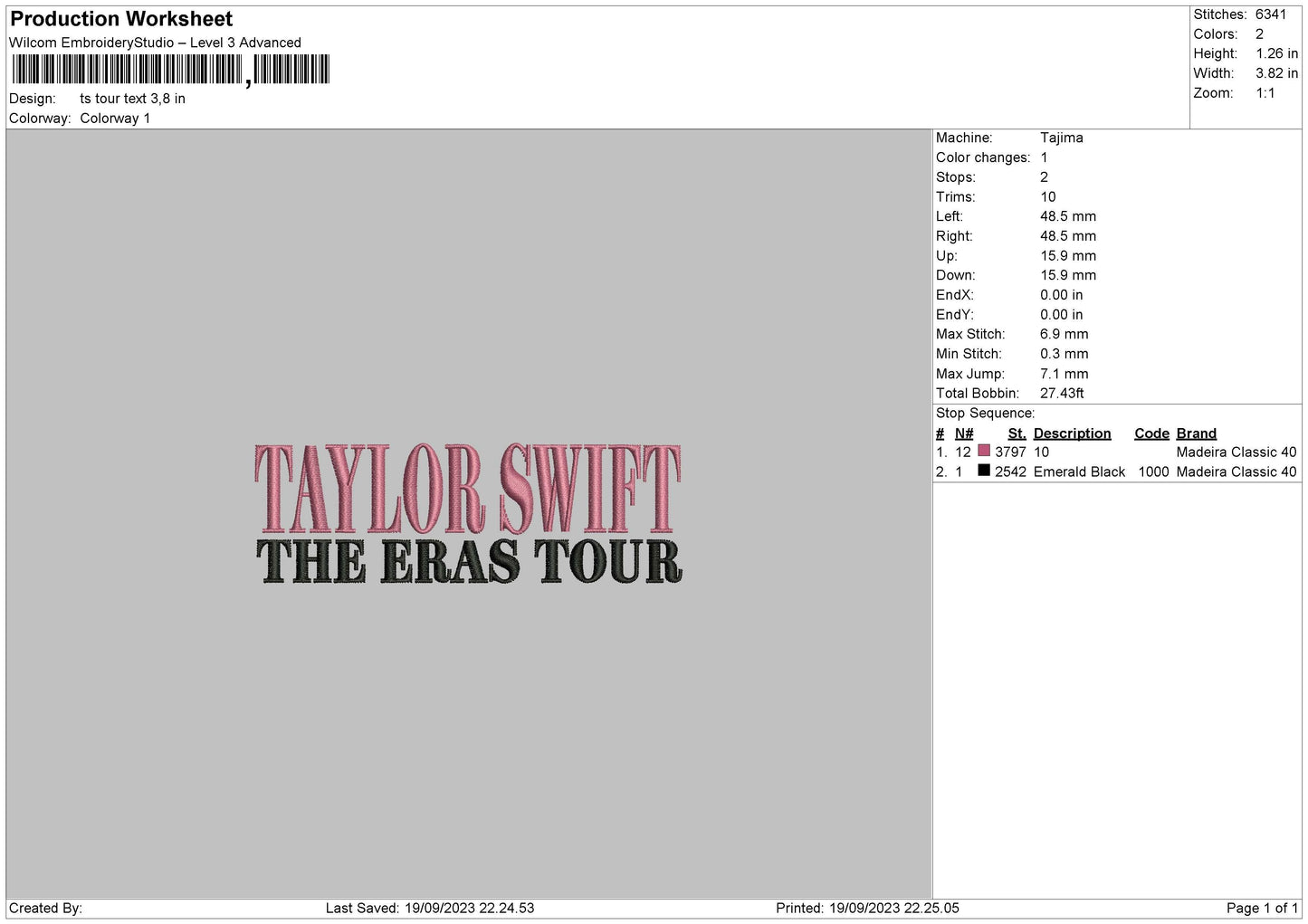 Ts Tour Text Embroidery File 6 sizes