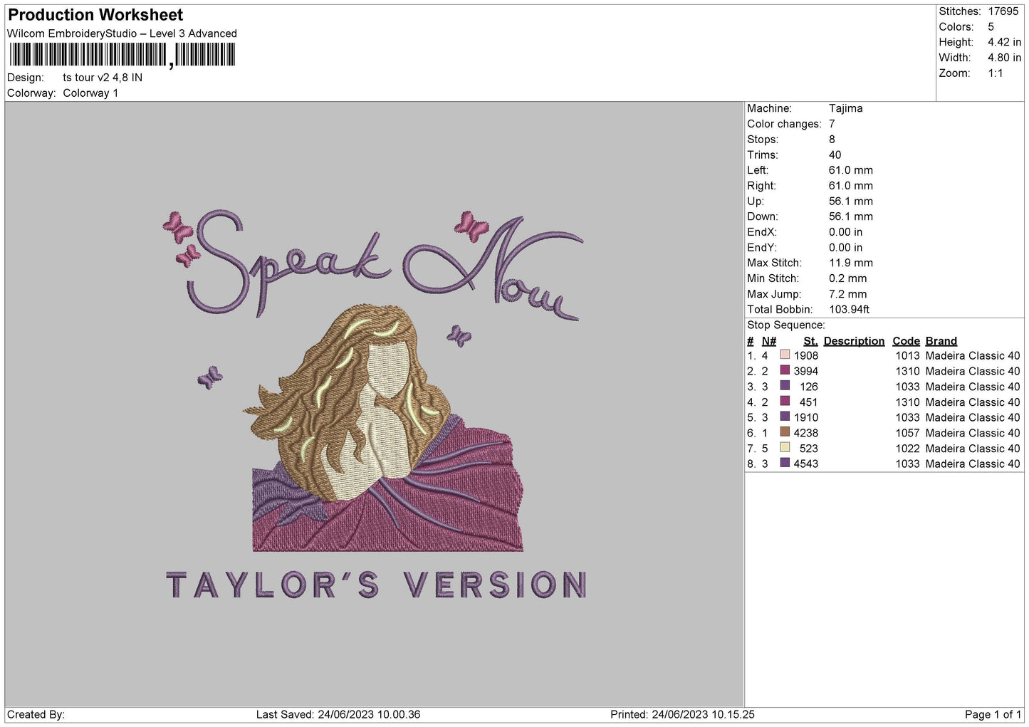 Ts Tour V2 Embroidery File 6 sizes