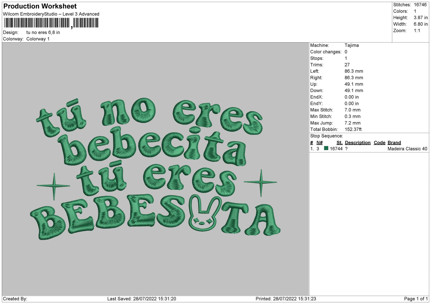Tu No Eres Embroidery File 4 sizes