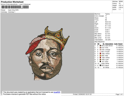 Tupac King Embroidery File 4 size