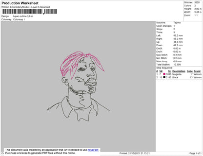 Tupac Outline Embroidery File 4 size
