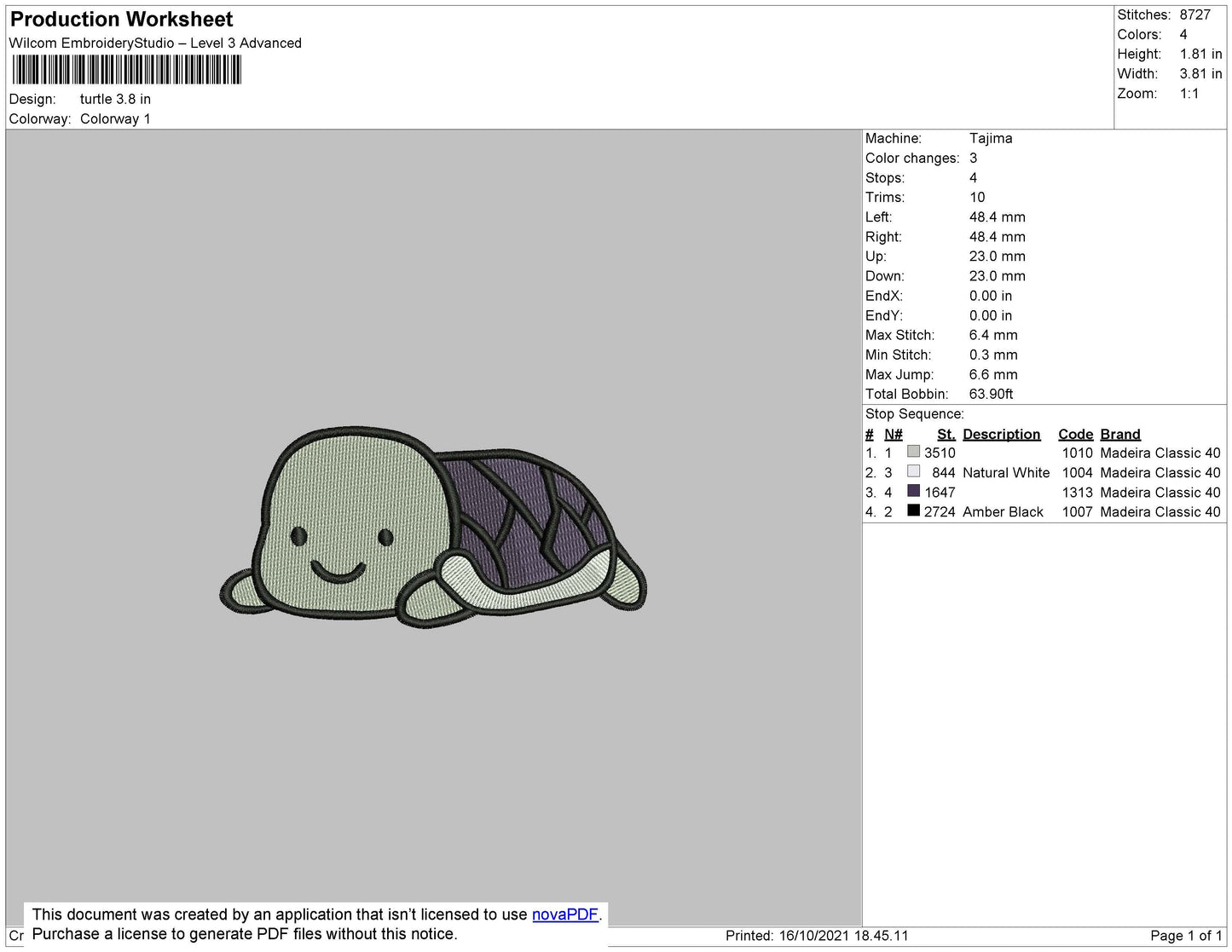 Turtle Embroidery File 4 size