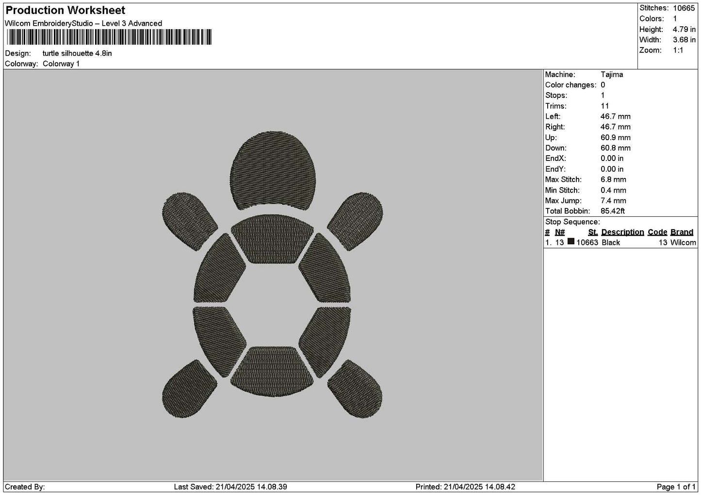 Turtle Flat Embroidery File 6 sizes