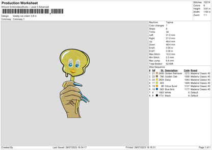 Tweety Ice Cream Embroidery File 6 sizes