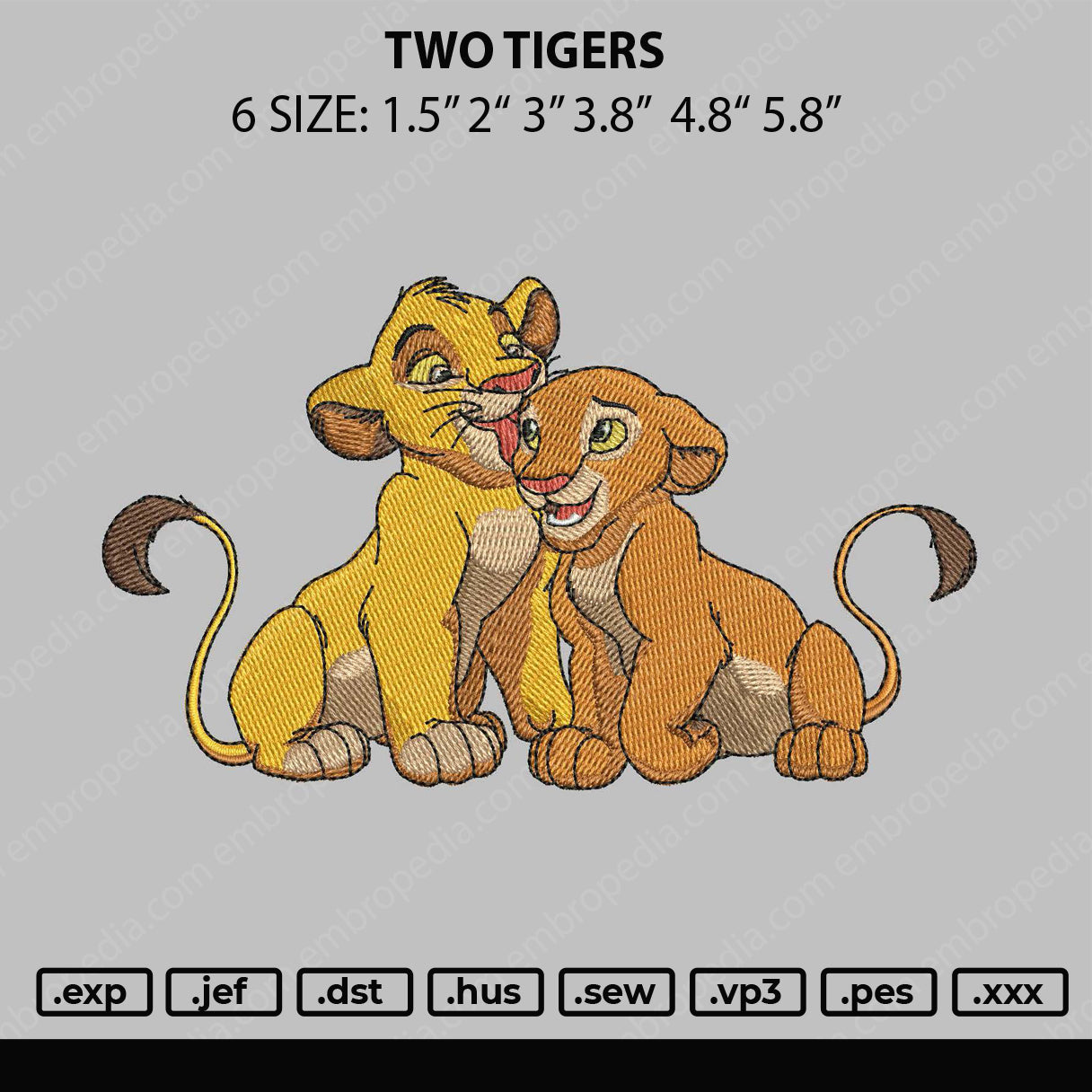 Two Tigers Embroidery File 6 size