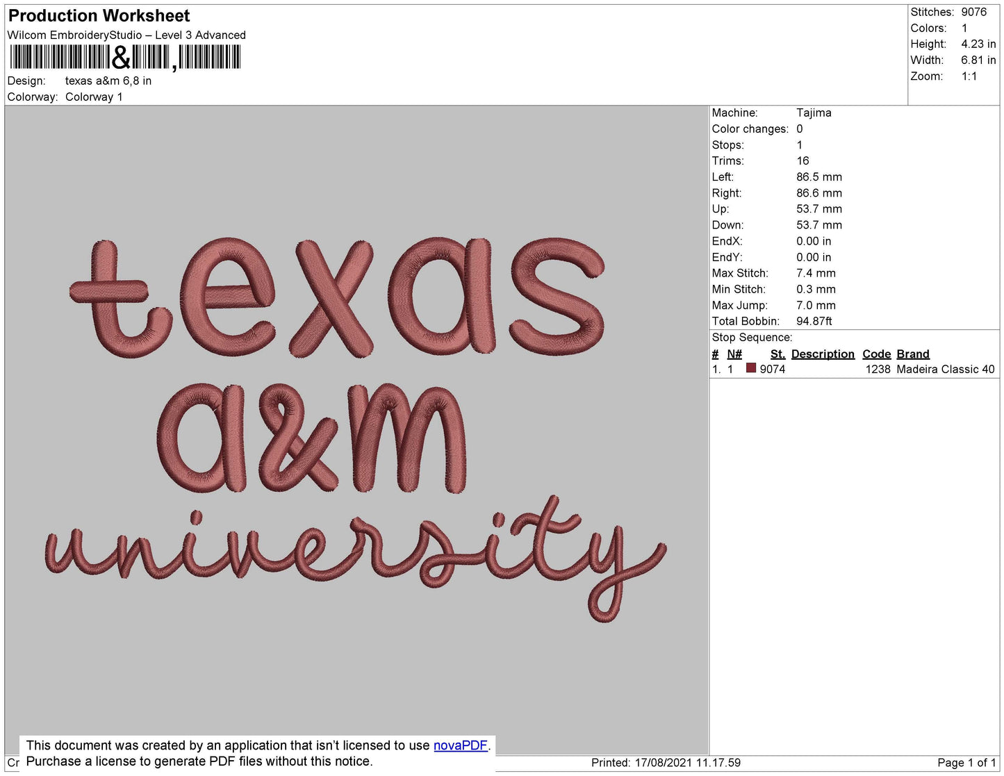 Texas A&M Embroidery File 4 size
