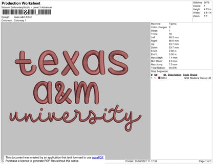 Texas A&M Embroidery File 4 size