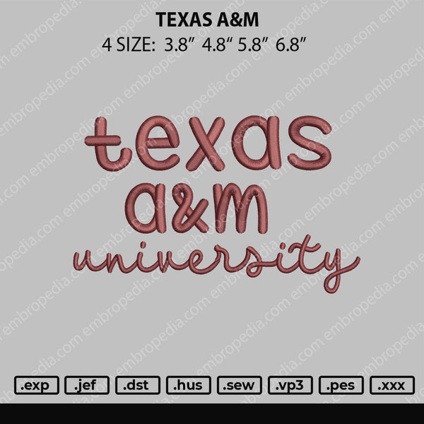 Texas A&M Embroidery File 4 size