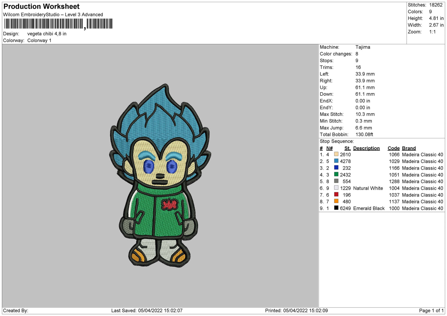 Vegeta Chibi Embroidery File 4 size