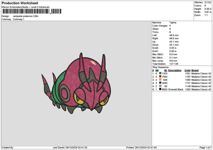 Venipede Embroidery File 6 sizes