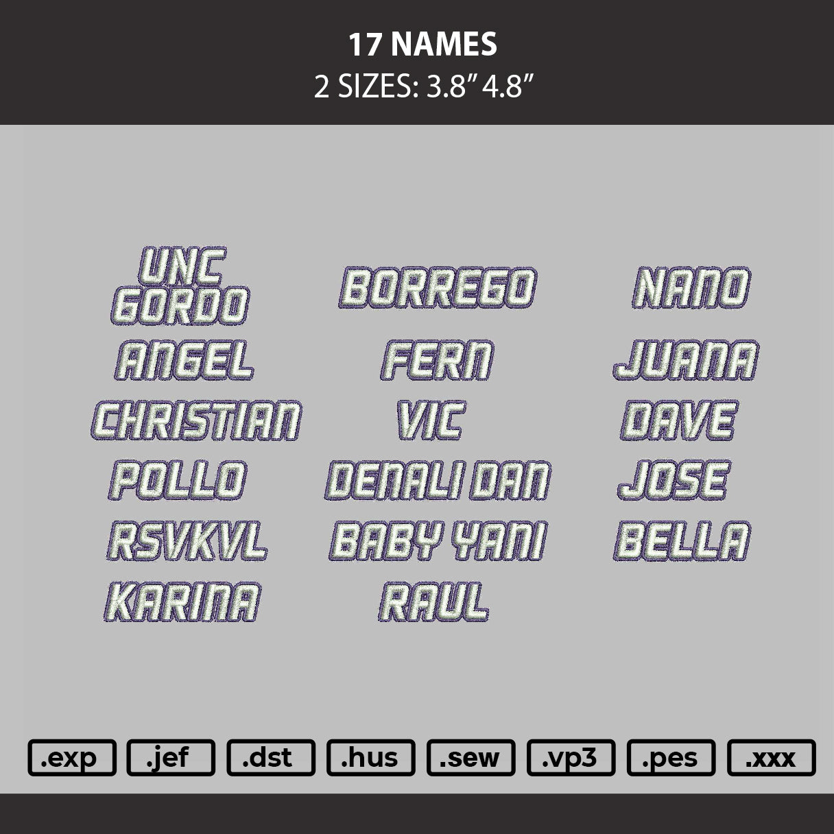 17 Names Embroidery Machine Design File 6 sizes