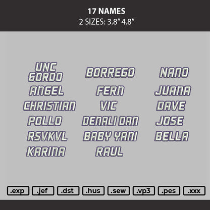 17 Names Embroidery Machine Design File 6 sizes