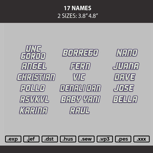 17 Names Embroidery Machine Design File 6 sizes