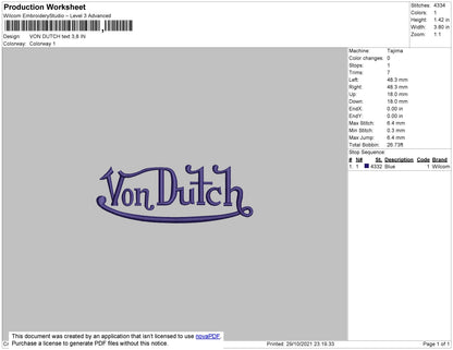 Von Dutch Embroidery File 4 size
