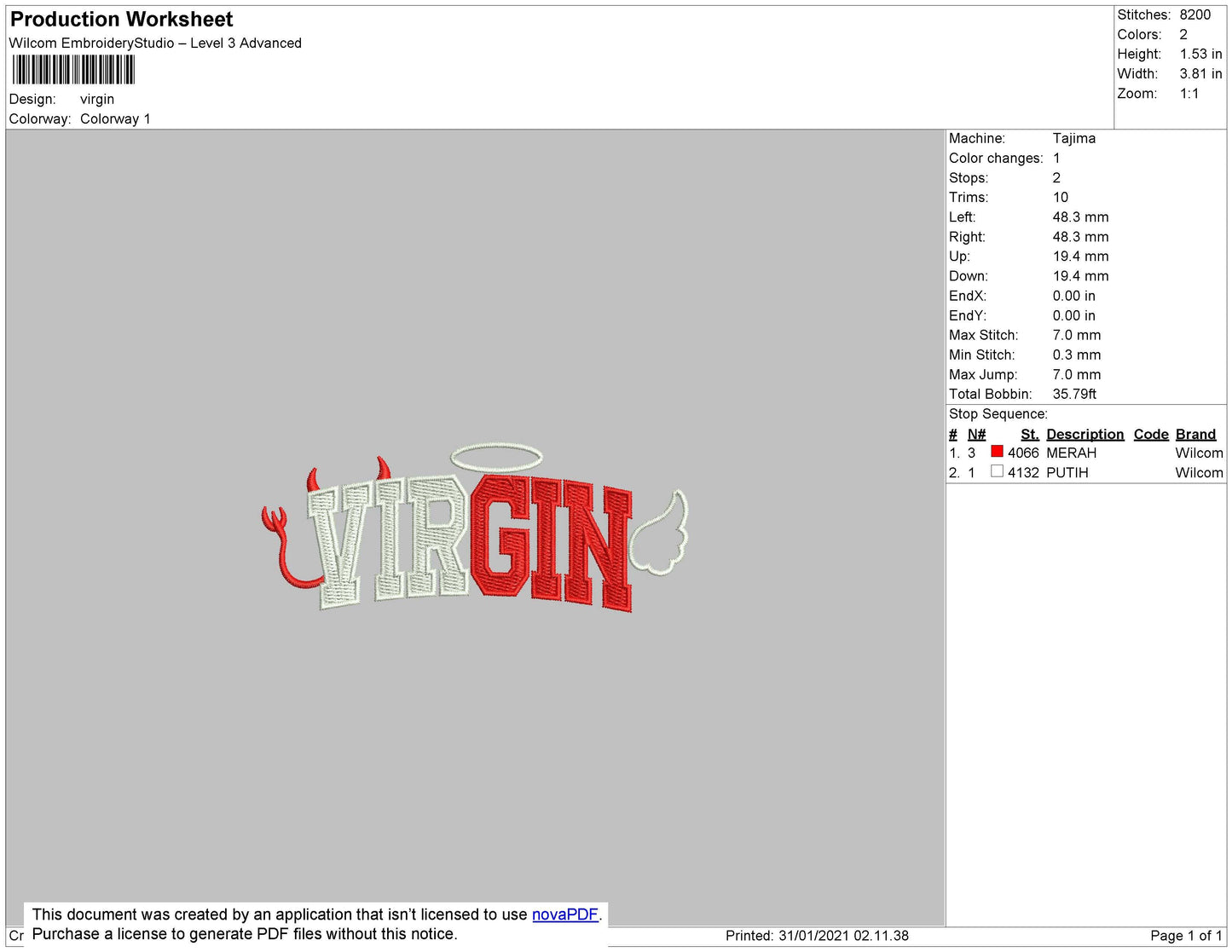 Virgin Text Embroidery File 4 size