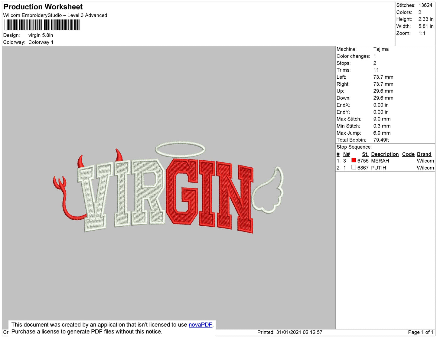 Virgin Text Embroidery File 4 size