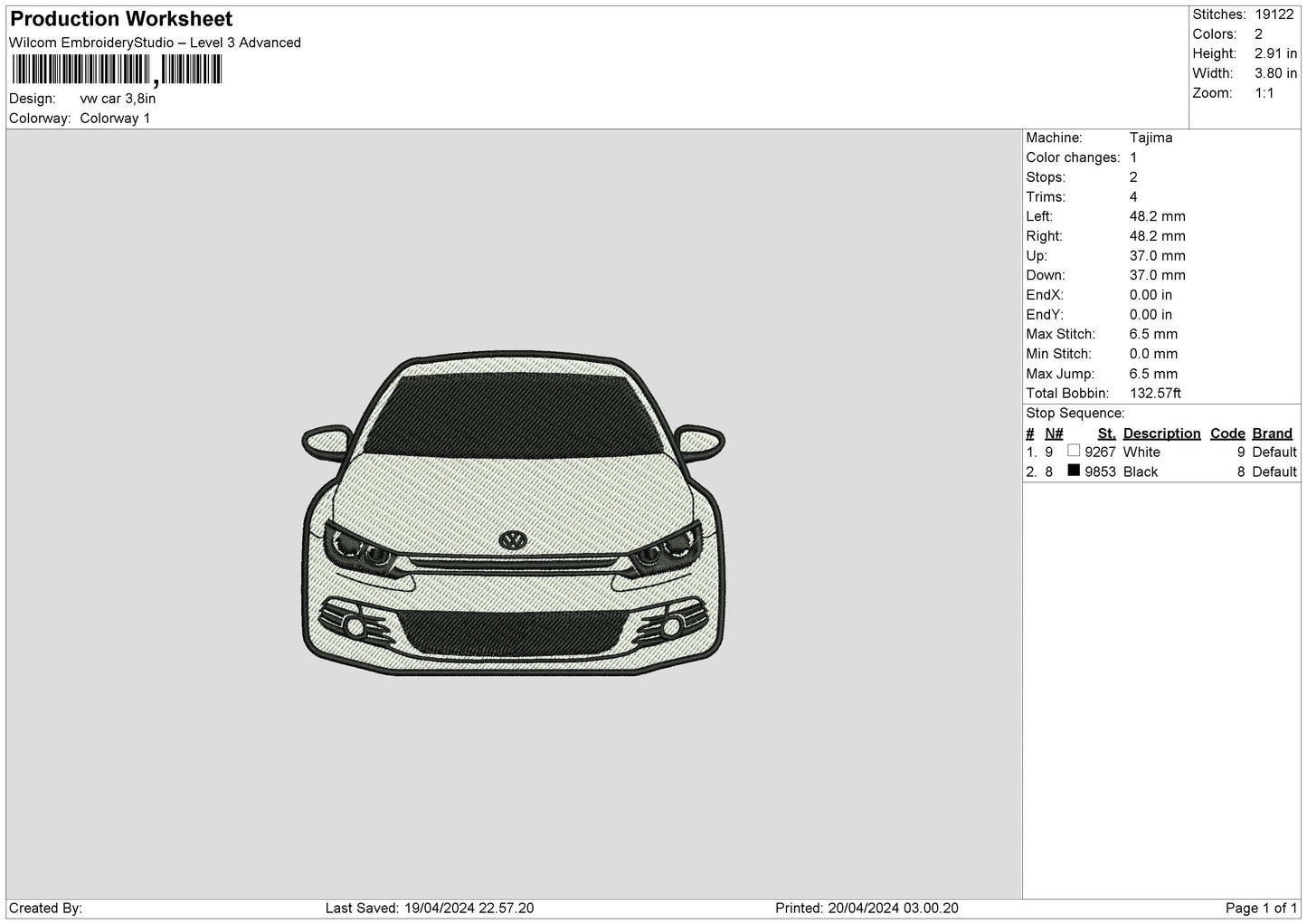 White Car 1904 Embroidery File 6 sizes