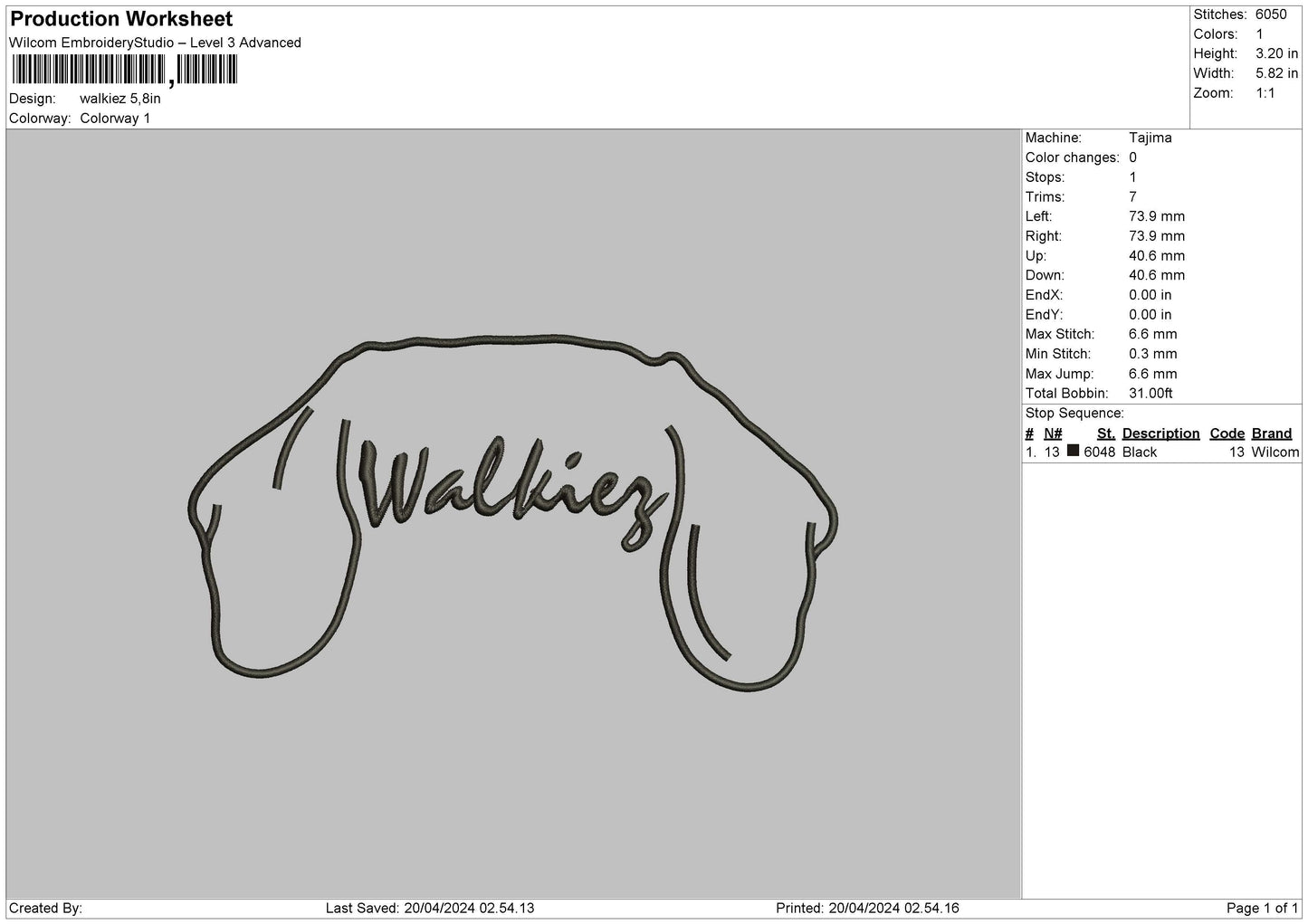 Walkiez Embroidery File 6 sizes