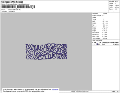 Wallows Embroidery File 4 size